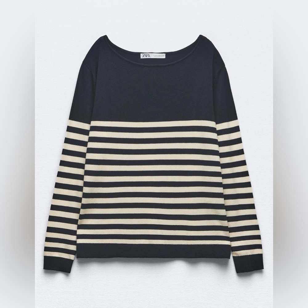 ZARA Navy Crewneck striped light sweater nautical coastal resort minimalist L
